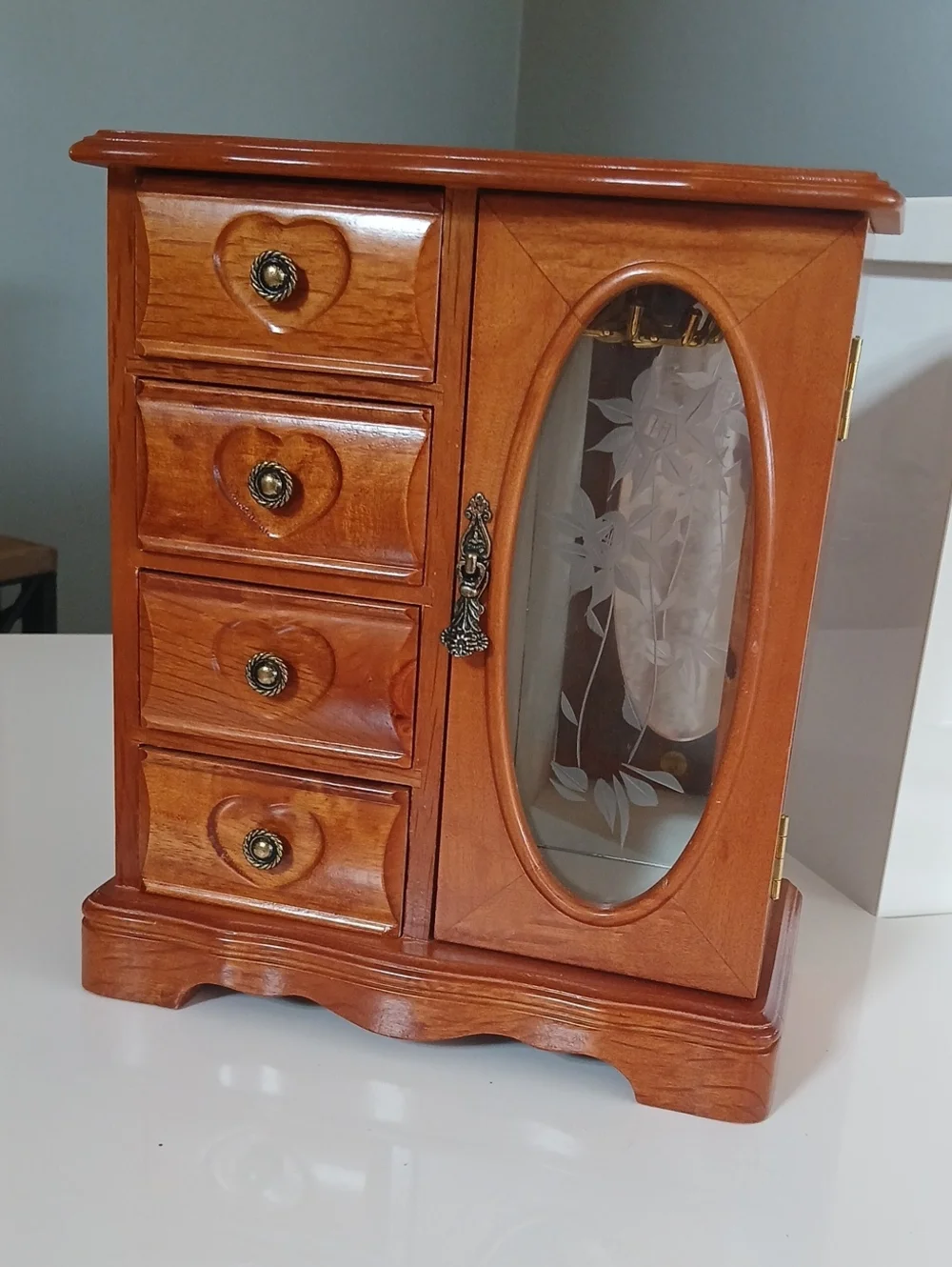 90's Wooden Jewelry Armoire with Mirrored Door - Brown